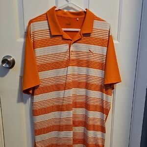 Puma Men's Vibrant Orange and White Striped Polo